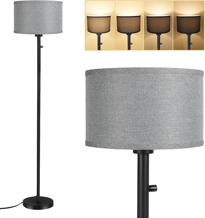 Floor Lamps for Living Room, Stepless Dimmable Standing Lamp, Modern Floor Lamp with Rotary Switch, Gray Linen Shade, 9W Led Bulb Included(1000LM,2700K), Tall Lamp for Bedroom, Office, Farmhouse - LeafyLoom