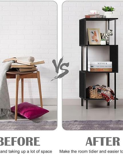 smusei 4 Tier Bookshelf for Small Spaces Narrow Black Bookcase Organizer S-Shaped Wood Corner Bookshelves for Bedroom, Study Room, Living Room and Home Office - LeafyLoom