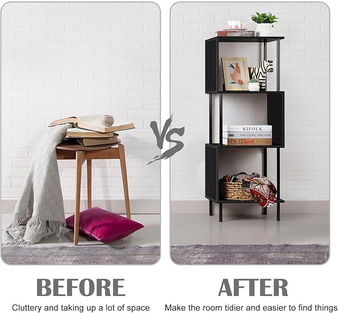 smusei 4 Tier Bookshelf for Small Spaces Narrow Black Bookcase Organizer S-Shaped Wood Corner Bookshelves for Bedroom, Study Room, Living Room and Home Office - LeafyLoom