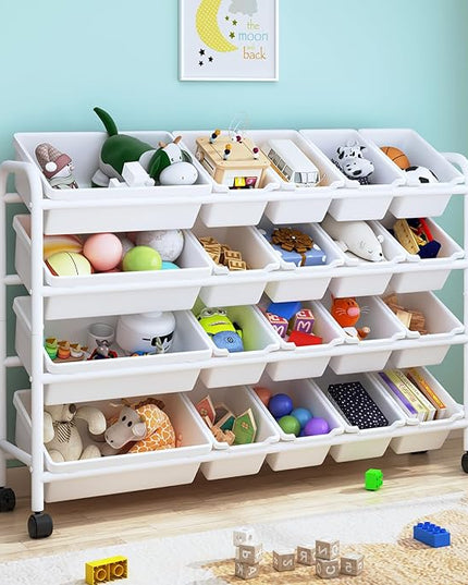 Kids Toy Storage Organizer with 20 Plastic Bins, 4-Tier Metal Toy Storage Rack, Extra Large Toy Organizer and Storage Bins for Kids Room, Playroom and Nursery, White - LeafyLoom