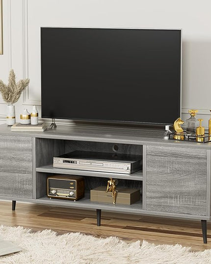 YESHOMY Modern TV Stand for 65" Television, Entertainment Center with Two Storage Cabinets, Retro Style Media Console for Living Room, Bedroom, Office, 58 Inch, Light Gray - LeafyLoom