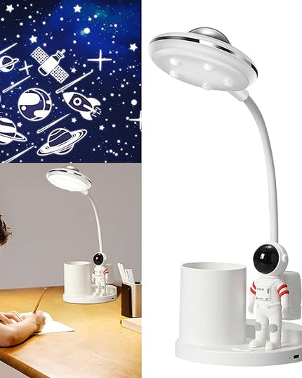 Desk Lamp for Teens Astronaut Desk Lamp with Projection Light and Pen Holder, Kids LED Desk Lamp for Bedroom Reading, Stepless Dimming Desk Lamp Eye-Caring for Studying - LeafyLoom