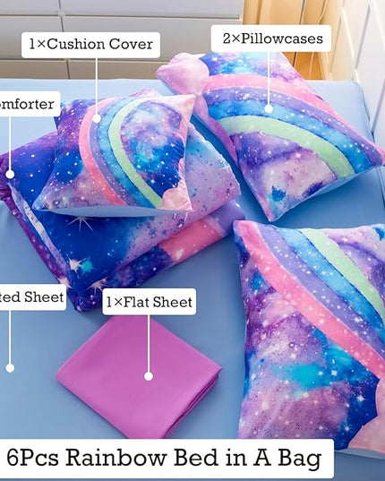 Tie Dye Blue Teens Comforter Set Queen for Girls, 3D Rainbow Gradient Glitter Bed in A Bag, 6 Pieces Twinkle Nebula Comforter Kids Bedding Set for All Season - LeafyLoom
