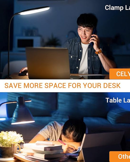 LED Desk Lamp with Clamp, 10W Flexible Gooseneck Swing Arm Clip Lamp with USB Plug, 3 Color Modes, 30 Brightness Levels, Eye-Caring Portable Desk Light for Home Office Reading Working (Black) - LeafyLoom