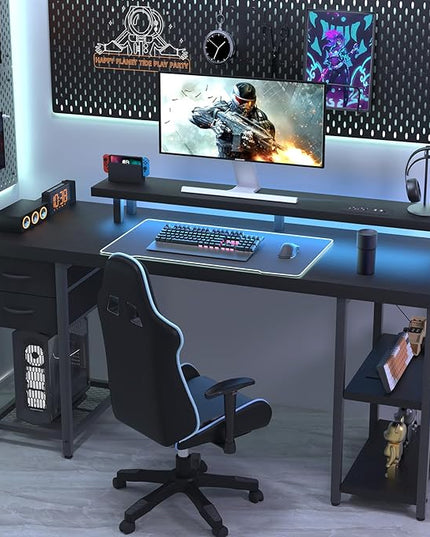Computer Desk with Drawer and Power Outlets, Gaming Desk with LED Light, Work Desk with Shelves and PC Stand for Home Office (Black) - LeafyLoom