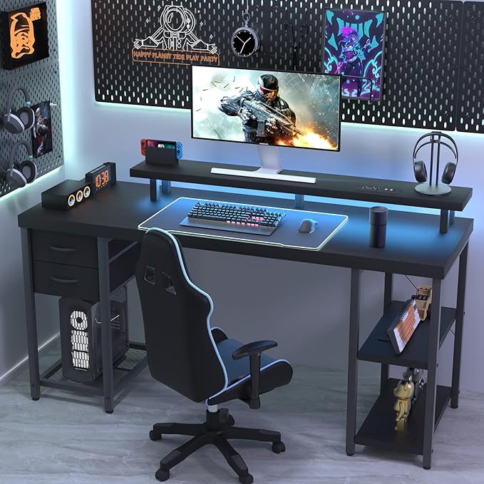 Computer Desk with Drawer and Power Outlets, Gaming Desk with LED Light, Work Desk with Shelves and PC Stand for Home Office (Black) - LeafyLoom