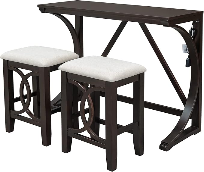 Farmhouse Style Counter Height 2 Upholstered Stools, Rustic Bar Built-in USB, Easy Assembly & Care, Room, Small Place, Apartment, 3 Piece Dining Table Set, Espresso 34 - LeafyLoom