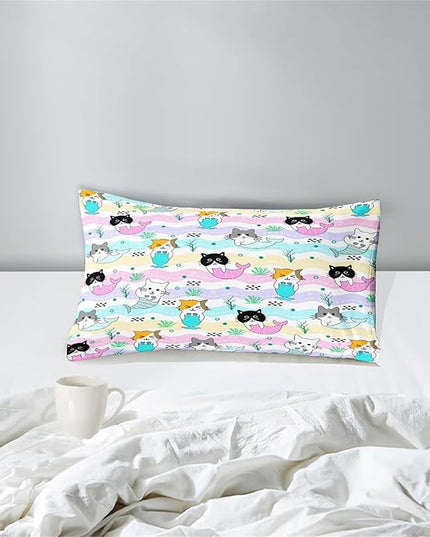 Cat Twin Bedding Set 2Pcs - Cartoon Mermaid Tail Cat Twin Comforter Set for Girls Bedroom Ultra Soft Warm Kitty Comforter Set for Girls Room Decor with 1 Cat Comforter and 1 Pillowcase, Twin Size - LeafyLoom