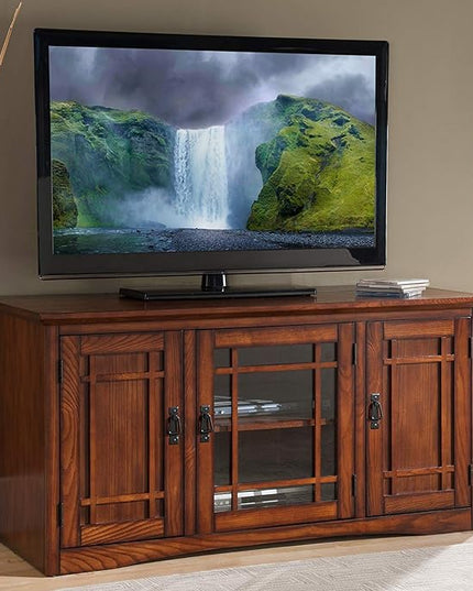 Leick Home 82350 Solid Wood Mission Oak Three Door TV Stand For 55" TVs Universal TV Console Living Room Storage Shelves Entertainment Center, Mission Oak - LeafyLoom