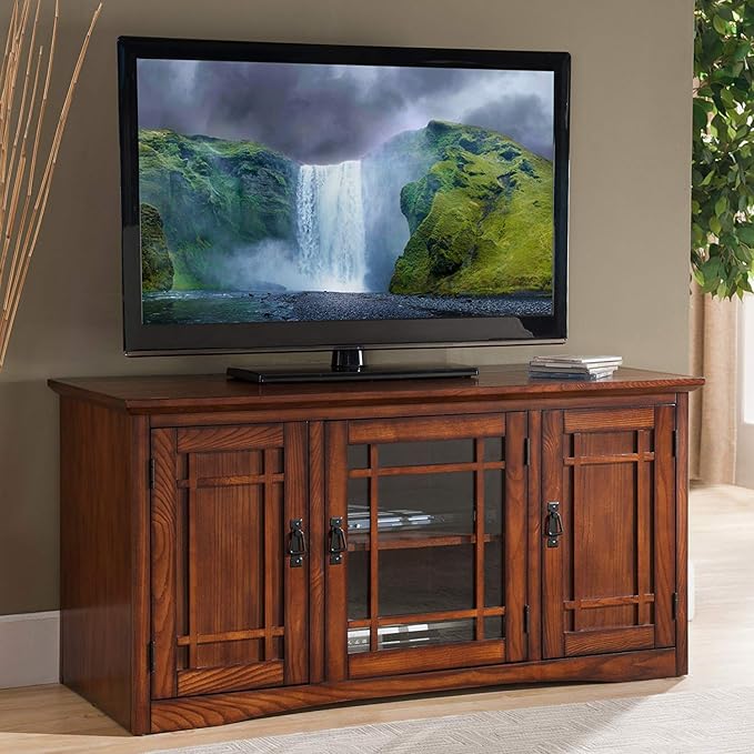 Leick Home 82350 Solid Wood Mission Oak Three Door TV Stand For 55" TVs Universal TV Console Living Room Storage Shelves Entertainment Center, Mission Oak - LeafyLoom