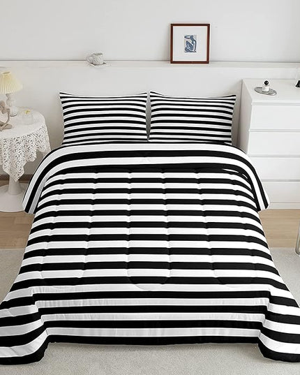 Striped Comforter Set Black and White Stripe Bedding Set King Kids Boys Girls Women Men Farmhouse Ticking Stripes Duvet Set Modern Geometric Lines Adults Abstract Gothic Home Decor Soft Reversible - LeafyLoom