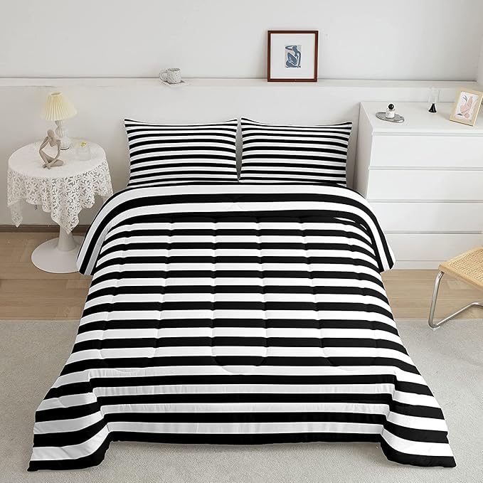 Striped Comforter Set Black and White Stripe Bedding Set King Kids Boys Girls Women Men Farmhouse Ticking Stripes Duvet Set Modern Geometric Lines Adults Abstract Gothic Home Decor Soft Reversible - LeafyLoom