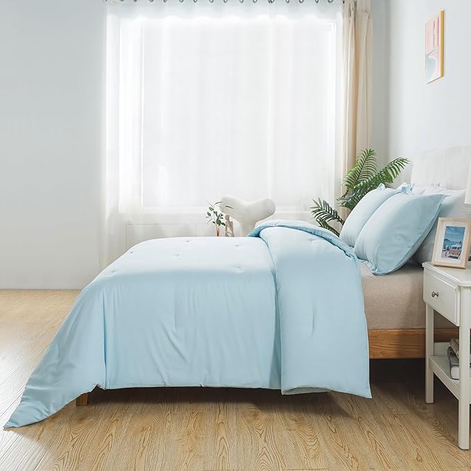 Queen Baby Blue Comforter Set, Solid Lightweight Skin-friendly Boho Bedding Set & Collections, Breathable Fluffy Microfiber 3 PCS (90"x90") Comforter Set for All Seasons with Pillowcases - LeafyLoom