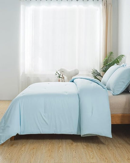 Baby Blue Comforter Set Twin Size, Solid Lightweight Down Alternative Soft Boho Bedding Comforter Set, Breathable Fluffy Microfiber Skin-friendly Comforter (68"x90") for All Seasons - LeafyLoom