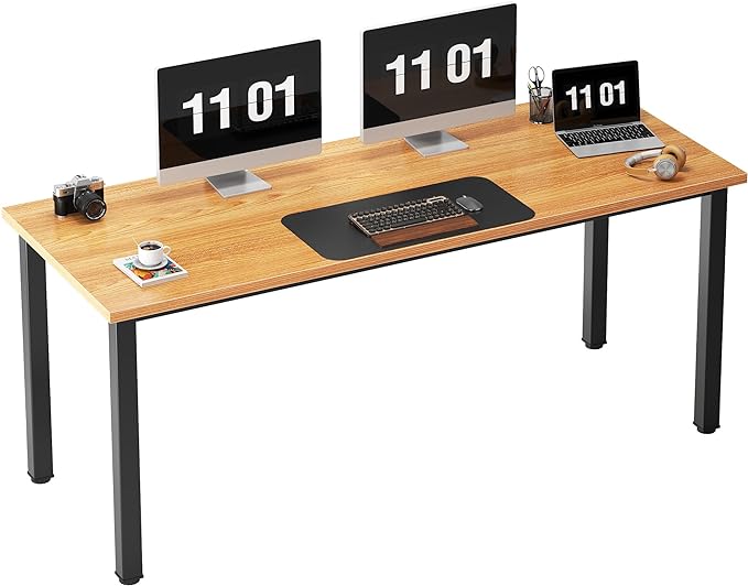 Need 63 Inch Large Computer Desk - Modern Simple Style Home Office Gaming Desk, Basic Writing Table for Study Student, Black Metal Frame, Teak - LeafyLoom