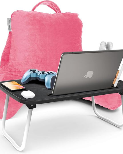 Clara Clark Reading Pillow with Portable Lap Desk Set for Kids, Back Pillow for Sitting Up in Bed, Memory Foam Back Support Pillow, Bed Rest Pillow with Foldable Laptop Desk, Small - Light Pink - LeafyLoom