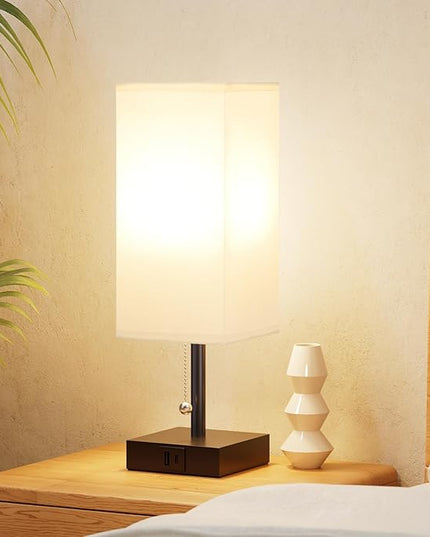 Nightstand Lamps Set of 2 - White, USB A and USB C Charging, Pull Chain Control, Bulb NOT Included, Small - LeafyLoom
