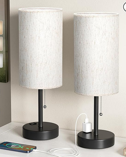 Plus Bedside Table Lamps Set of 2 - 3 Color Temperatures Pull Chain Lamp with AC Outlet Charging Port, Two Round Night Stand Lamps for Bedroom Guest Room Office, Bed Side Light with E26 LED Bulbs - LeafyLoom
