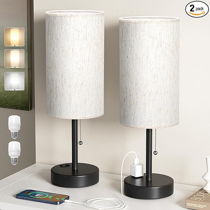 Plus Bedside Table Lamps Set of 2 - 3 Color Temperatures Pull Chain Lamp with AC Outlet Charging Port, Two Round Night Stand Lamps for Bedroom Guest Room Office, Bed Side Light with E26 LED Bulbs - LeafyLoom