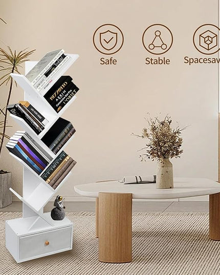 8-Tier Bookshelf Tree Bookshelf Book Tree with Drawer Wooden Bookshelves Storage Rack for CDs/Books, Shelves for Bedroom, Living Room & Office (White) - LeafyLoom