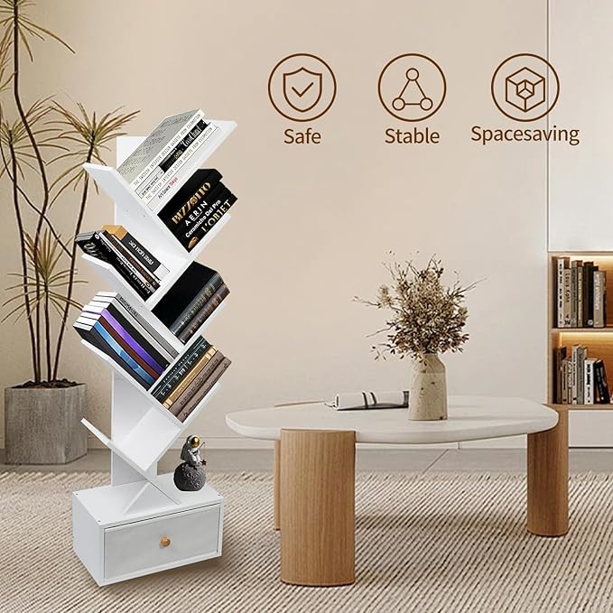 8-Tier Bookshelf Tree Bookshelf Book Tree with Drawer Wooden Bookshelves Storage Rack for CDs/Books, Shelves for Bedroom, Living Room & Office (White) - LeafyLoom