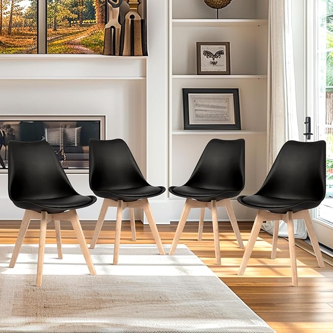 CangLong Side Chair Mid Century Modern Dining Chair with Wood Legs for Kitchen, Living,Dining Room, Set of 4, Black - LeafyLoom
