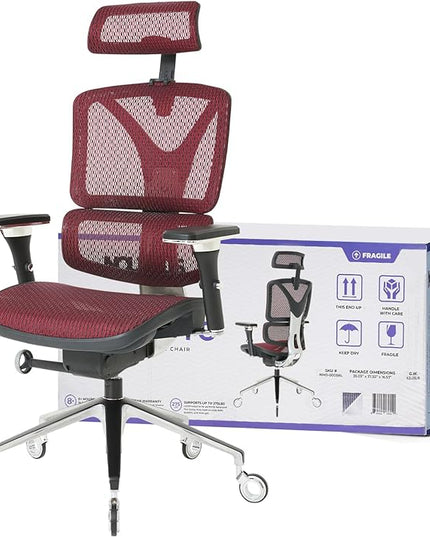 Nouhaus Ergonomic Office Chair Lumbar Support Aluminum Alloy Backrest, Big and Tall Mesh Computer Desk Chair with Adjustable Headrest, 4D Armrest and Premium Wheels(ErgoPRO,Burgundy) - LeafyLoom