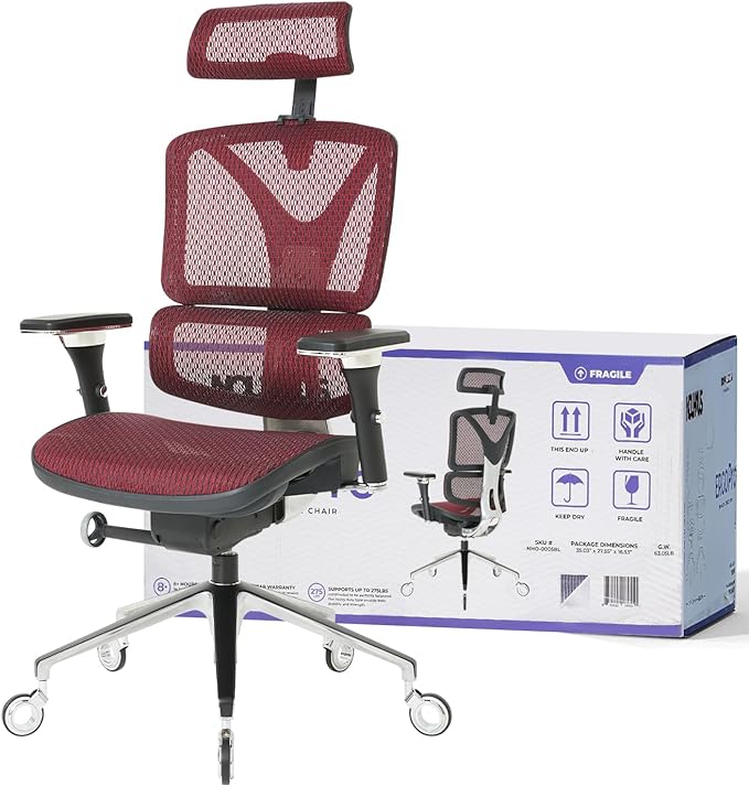 Nouhaus Ergonomic Office Chair Lumbar Support Aluminum Alloy Backrest, Big and Tall Mesh Computer Desk Chair with Adjustable Headrest, 4D Armrest and Premium Wheels(ErgoPRO,Burgundy) - LeafyLoom