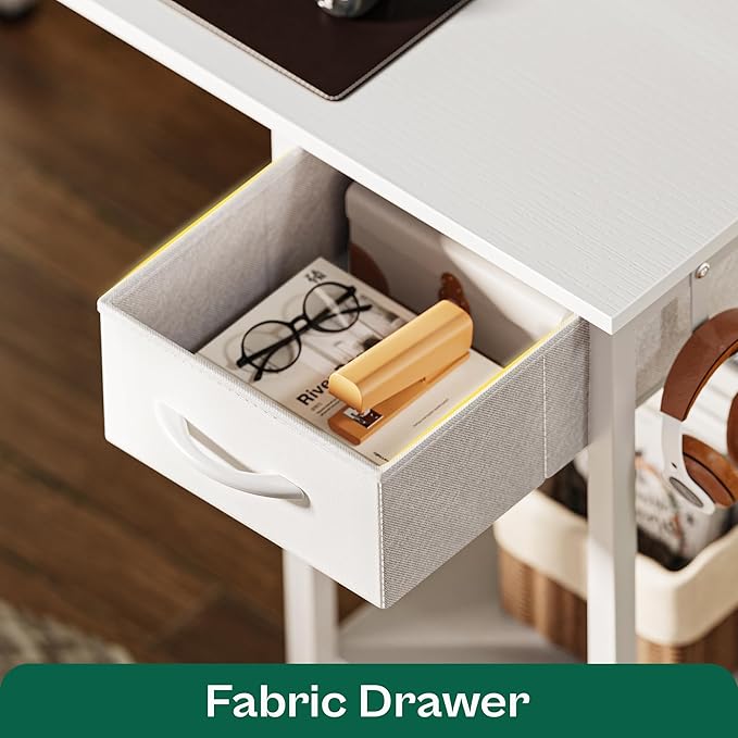 L Shaped Desk Gaming Desk with LED Lights & Power Outlets, Computer Desk with Storage Shelves, Corner Desk Home Office Desks for Bedroom, White - LeafyLoom