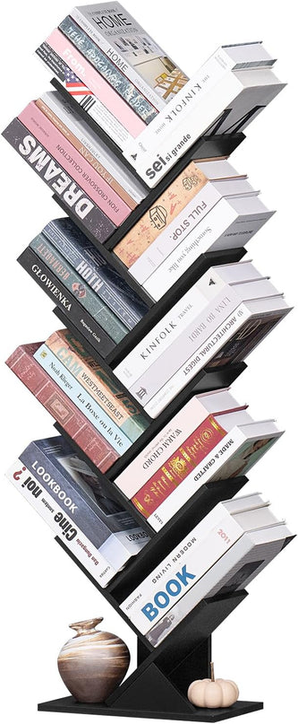 10 Tier Tree Book Shelf, Floor Standing Wood Bookshelf for Narrow Space, Storage Organizer Bookshelves for Books/CDs/Magazine, Bookcase with Shelves for Home Office, Living Room - Black - LeafyLoom