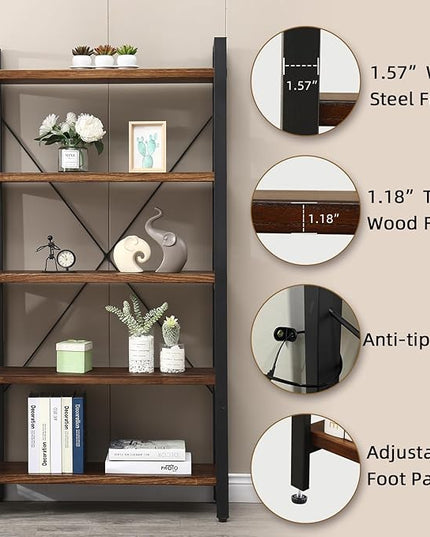 5 Tier Bookcase, Solid Rustic Industrial Etagere Bookcase, Metal and Wood Free Vintage Bookshelf, Retro Brown (Real Wood) (5-Tier) - LeafyLoom