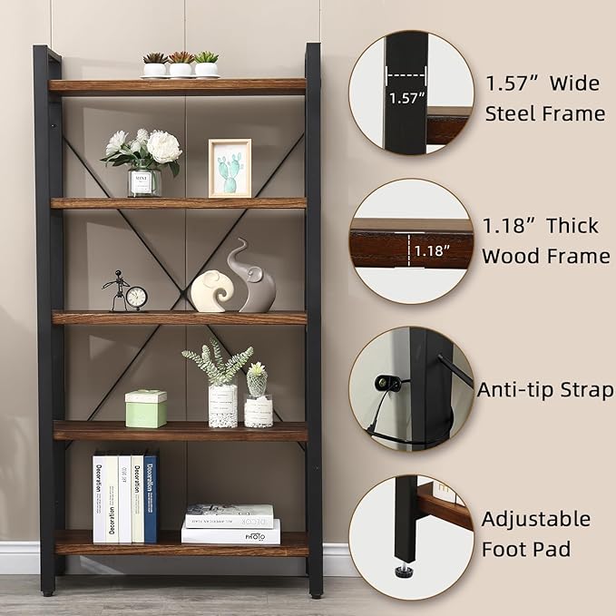5 Tier Bookcase, Solid Rustic Industrial Etagere Bookcase, Metal and Wood Free Vintage Bookshelf, Retro Brown (Real Wood) (5-Tier) - LeafyLoom