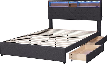 Queen Size Bed Frame with LED Headboard, USB Charging, Upholstered Platform Bed with Storage Drawers and Headboard, No Box Spring Needed, Dark Gray - LeafyLoom