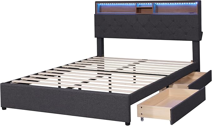 Queen Size Bed Frame with LED Headboard, USB Charging, Upholstered Platform Bed with Storage Drawers and Headboard, No Box Spring Needed, Dark Gray - LeafyLoom