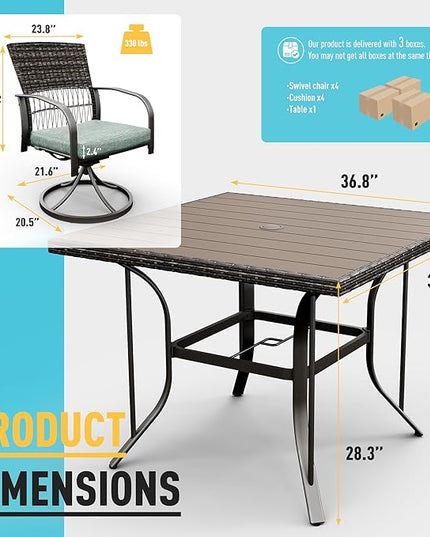 Pamapic 5 Piece Patio Dining Set for 4,Wicker Outdoor Furniture Set for Backyard Garden Deck Poolside with Square Plastic-Wood Table Top,4 Cushions Swivel Rocker Chairs,Removable Cushions(Green) - LeafyLoom