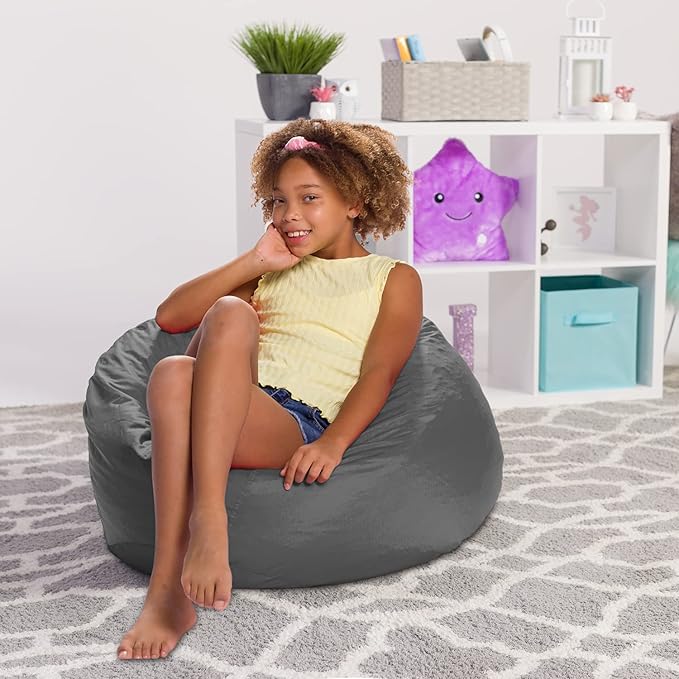 Posh Creations Structured Comfy Seat for Playrooms and Bedrooms, Large Bean Bag Chair, 100in Round Classic Bean Bag, Charcoal Gray - LeafyLoom