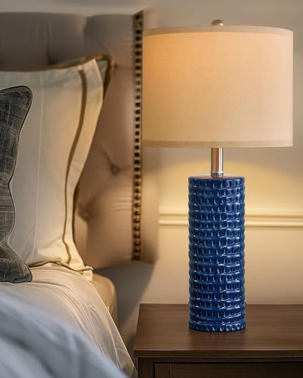 PORTRES 24.75" Modern Accent Ceramic Table Lamp Set of 2 for Bedroom Desk Decor Bedside Lamps for Living Room Study Room Office Dorm Farmhouse Nightstand Lamp End Table Lamps (Blue) - LeafyLoom