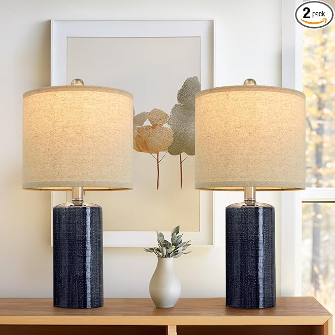 20.25" Small Table Lamps Set of 2 Modern Ceramic Lamps for Living Room Farmhouse Bedside Lamps Boho Lamps for Night Stands Blue Bedroom Lamps Side Table Lamps End Table Lamps - LeafyLoom