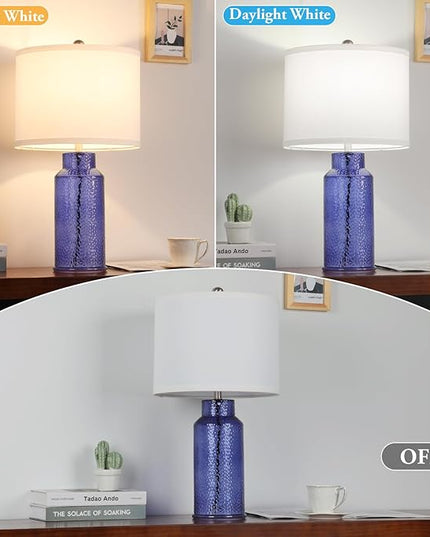 TOBUSA Blue Glass Table Lamps for Bedroom Set of 2, Modern Bedside Glass Lamps with White Linen Lampshades, Nightstand Blue Table Lamps for Living Room End Table Desk, Easy Rotary Switch, No E26 Bulbs - LeafyLoom