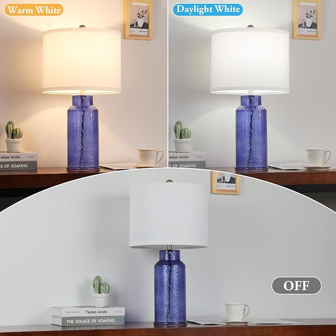 TOBUSA Blue Glass Table Lamps for Bedroom Set of 2, Modern Bedside Glass Lamps with White Linen Lampshades, Nightstand Blue Table Lamps for Living Room End Table Desk, Easy Rotary Switch, No E26 Bulbs - LeafyLoom