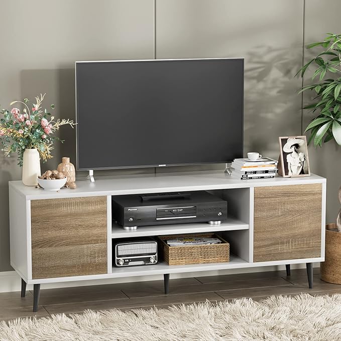 YESHOMY Modern TV Stand for 65" Television, Entertainment Center with Two Storage Cabinets, Retro Style Media Console for Living Room, Bedroom, Office, 58 Inch, White and Coffee - LeafyLoom