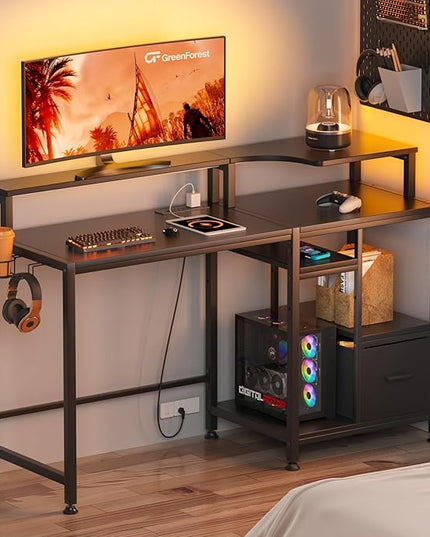 GreenForest 55 inch Computer Desk with Drawers and Outlets, Home Office Desk with Storage and Printer Shelf, Work Desk with Fabric File Drawer, Study Desk with Monitor Stand, Computer Table, Black - LeafyLoom