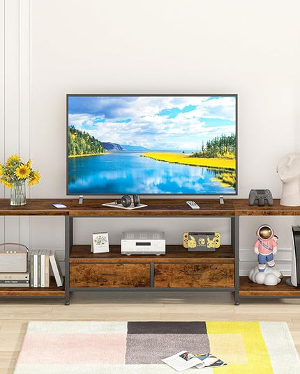 TV Stand with Fabric Drawers for 80 85 Inches TV - Entertainment Center and Industrial TV Console Table with Open Storage Shelves for Living Room, Bedroom- 79.1" Rustic Brown - LeafyLoom