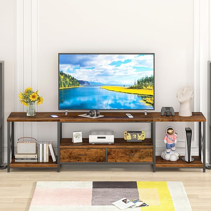 TV Stand with Fabric Drawers for 80 85 Inches TV - Entertainment Center and Industrial TV Console Table with Open Storage Shelves for Living Room, Bedroom- 79.1" Rustic Brown - LeafyLoom