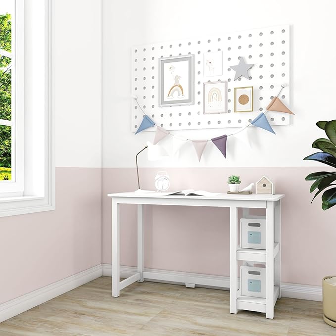 Max & Lily Solid Wood Desk With Shelves, 47 Inches, White - LeafyLoom