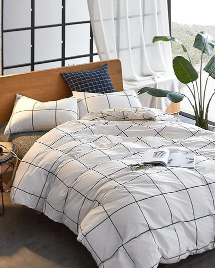 White Grid Comforter Set Big Grid Bedding Set Twin Cotton White with Black Plaid Printed Stripes Women Checkered Comforters Bedding Set White Grid Bed Blanket Set White Plaid Comforter - LeafyLoom