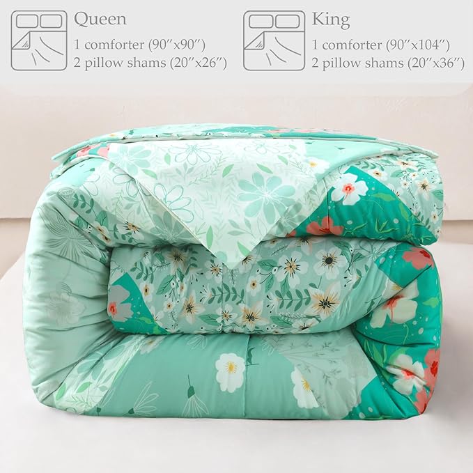 Whale Flotilla King Comforter Set, Soft Reversible Light Green Bedding Comforter Set with Boho Pattern, 1 Micoriber Patchwork Comforter and 2 Pillow Shams, 3 Pieces - LeafyLoom