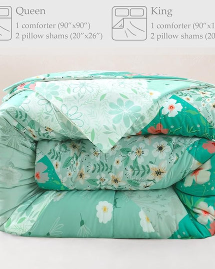 Whale Flotilla Queen Full Comforter Set, Soft Reversible Light Green Bedding Comforter Set with Boho Pattern, 1 Micoriber Patchwork Comforter and 2 Pillow Shams, 3 Pieces - LeafyLoom