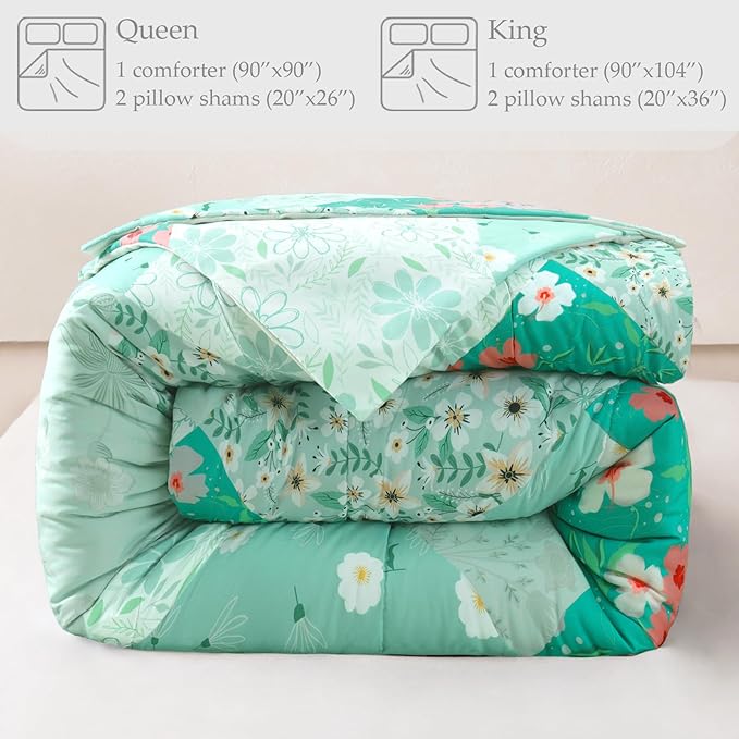 Whale Flotilla Queen Full Comforter Set, Soft Reversible Light Green Bedding Comforter Set with Boho Pattern, 1 Micoriber Patchwork Comforter and 2 Pillow Shams, 3 Pieces - LeafyLoom