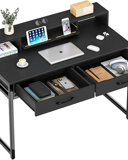 Computer Desk with Drawers, 47" Home Office Desk with Monitor Shelf, Writing Desk with Storage, Gaming Desk Work Desk Study Desk for Bedroom, Black - LeafyLoom